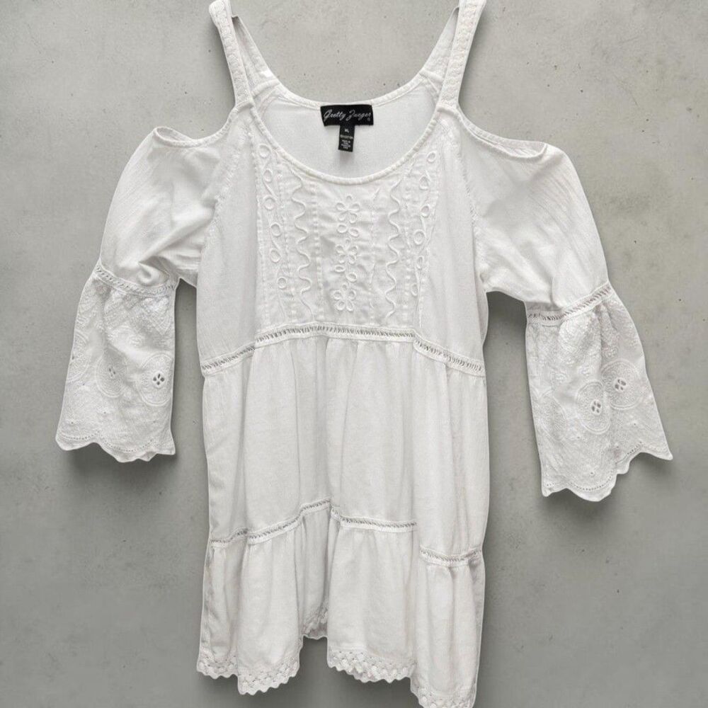 Gretty Zueger Cold Shoulder Mini Dress Womens XL White Eyelet Bell Sleeves Boho
